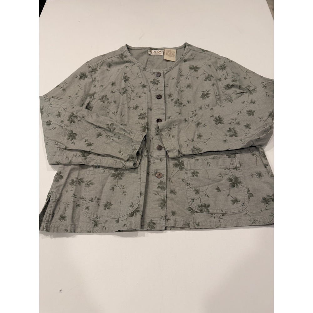 Linen Blend Botanical Chore Jacket Women L Sage Green Cottage Garden Utility